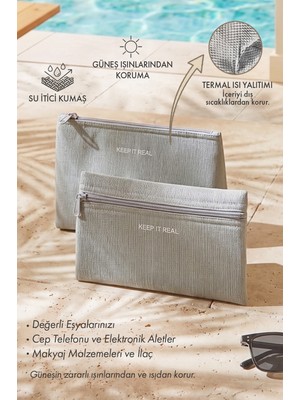 Ocean Home Textile 2'li Termal Astarlı Su Itici Leke Tutmaz Gri Renk Jüt Keten Makyaj Çantası Seti 22 x 14 / 23 x 16 x 7 cm