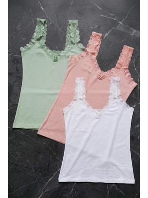 Demirsa Boutique Dantel Askılı Modal Kumaş 3'lü Kadın Atlet Beyaz, Pudra ve Yeşil Renk