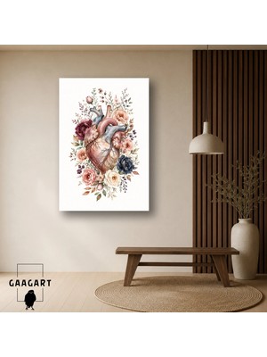 Gaagart Tekli Dikey Kanvas Tablo Çiçeklerle Süslenmiş Anatomik Kalp Doktor Klinik Dekoru
