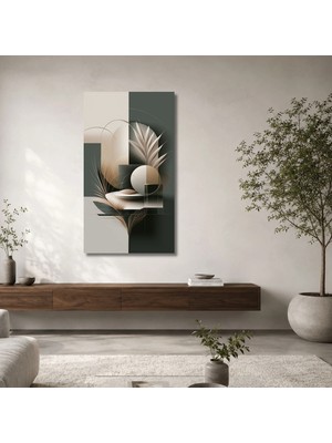 Gaagart Tekli Dikey Kanvas Tablo Haki Krem Geometrik Formlar ve Modern Botanik Soyut Dekor