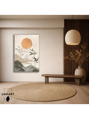 Gaagart Tekli Dikey Kanvas Tablo Turuncu Güneş Bambu Dalları ve Sade Uzak Doğu Manzarası
