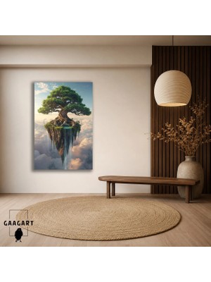 Gaagart Tekli Dikey Kanvas Tablo Bulutlar Üzerinde Yüzen Ada ve Ağaç Fantastik Manzara