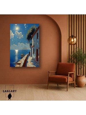 Gaagart Tekli Dikey Kanvas Tablo Ay Işığında Deniz Kıyısı ve Beyaz Ev Manzarası