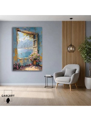 Gaagart Tekli Dikey Kanvas Tablo Çiçekli Pencereden Göl ve Dağ Manzarası Akdeniz Dekoru