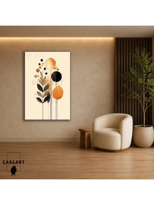 Gaagart Tekli Dikey Kanvas Tablo Siyah Turuncu Daireler ve Yapraklar Modern Soyut Dekor