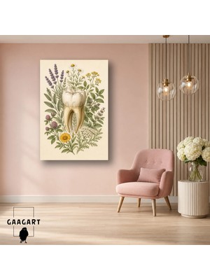 Gaagart Tekli Dikey Kanvas Tablo Kır Çiçekleri Arasında Diş Anatomisi Vintage Klinik Dekoru