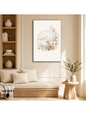 Gaagart Tekli Dikey Kanvas Tablo Pembe Çiçeklerle Insan Beyni Anatomisi Nöroloji Dekoru