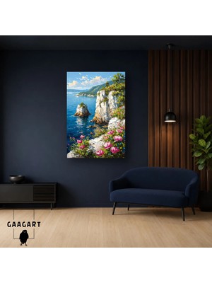 Gaagart Tekli Dikey Kanvas Tablo Çiçekli Akdeniz Falezleri ve Turkuaz Deniz Manzarası