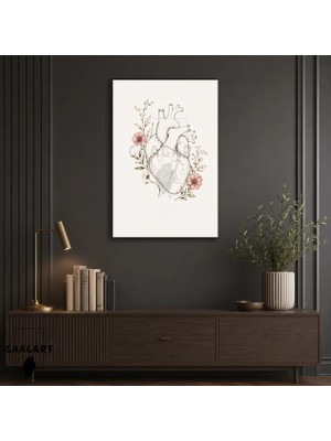 Gaagart Tekli Dikey Kanvas Tablo Ince Çiçek Dallarıyla Süslenmiş Minimal Anatomik Kalp Illüstrasyonu