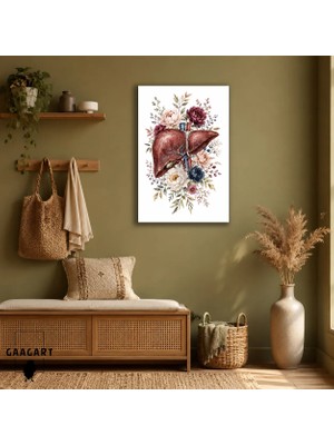 Gaagart Tekli Dikey Kanvas Tablo Çiçeklerle Süslenmiş Anatomik Karaciğer Botanik Medikal Dekor