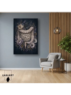 Gaagart Tekli Dikey Kanvas Tablo Koyu Zeminde Çiçekli Bağırsak Anatomisi Klinik Ofis Dekoru
