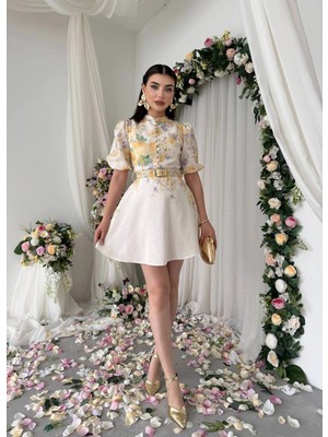 Vintage Garden Kemer Detaylı Mini Elbise
