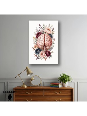 Gaagart Tekli Dikey Kanvas Tablo Çiçeklerle Çevrili Beyin Anatomisi Nöroloji Dekoru