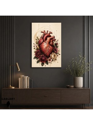 Gaagart Tekli Dikey Kanvas Tablo Güllerle Süslenmiş Gerçekçi Anatomik Kalp Klasik Medikal Sanat