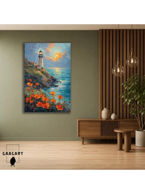 Gaagart Tekli Dikey Kanvas Tablo Gün Batımında Deniz Feneri ve Gelincikler Sahil Manzarası