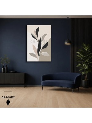 Gaagart Tekli Dikey Kanvas Tablo Siyah Gri Bej Yaprak Dalları Modern Minimal Botanik
