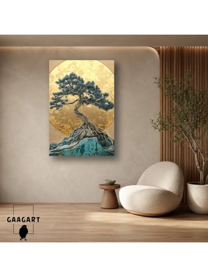 Gaagart Tekli Dikey Kanvas Tablo Dolunay Önünde Bonsai Ağacı ve Turkuaz Kayalık