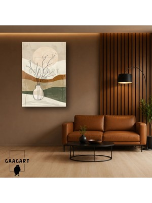 Gaagart Tekli Dikey Kanvas Tablo Bej Adaçayı Dalgalı Zemin ve Vazoda Dal Minimal Dekor