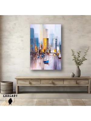 Gaagart Tekli Dikey Kanvas Tablo Renkli Modern Şehir Silüeti ve Yelkenli Soyut Resim