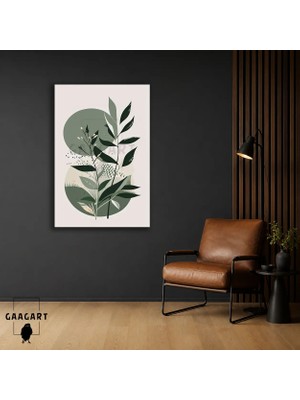 Gaagart Tekli Dikey Kanvas Tablo Adaçayı Yeşili Daireler ve Yaprak Dalları Modern Dekor
