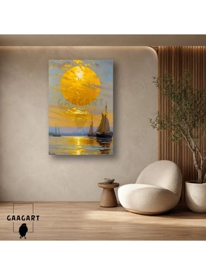Gaagart Tekli Dikey Kanvas Tablo Sarı Gün Batımı Yelkenliler ve Deniz Manzarası