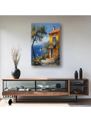 Gaagart Tekli Dikey Kanvas Tablo Akdeniz Evi Zeytin Ağacı ve Mavi Deniz Manzarası
