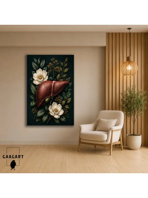 Gaagart Tekli Dikey Kanvas Tablo Koyu Botanik Zeminde Çiçekli Anatomik Karaciğer Medikal Sanat