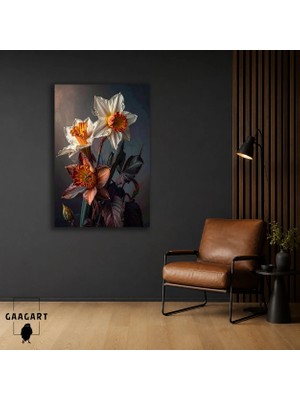 Gaagart Tekli Dikey Kanvas Tablo Koyu Zeminde Turuncu Beyaz Nergisler Dramatik Natürmort