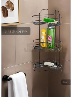 Jet's Home Banyo Rafı Mutfak Rafı Paslanmaz Baharatlık 3 Katlı Köşelik Şampuanlık Siyah