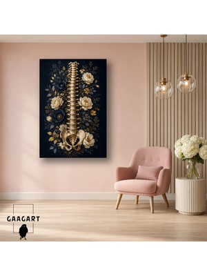 Gaagart Tekli Dikey Kanvas Tablo Lacivert Zeminde Gold Omurga ve Çiçekler Medikal Dekor