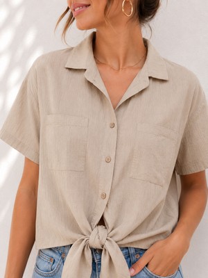 Basics & More Kadın Keten Görünümlü Çift Cepli Kısa Kollu Oversize Gömlek