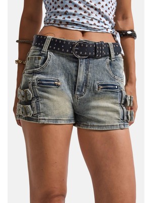It's Basic Kadın Kot Renk Süper Mini Özel Tasarım Denim Şort