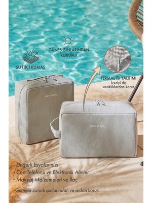 Ocean Home Textile 2'li Termal Astarlı Su Itici Leke Tutmaz Gri Renk Jüt Keten Makyaj Çantası Seti 25 x 15 x 12.5 / 20 x 21 x 11 cm