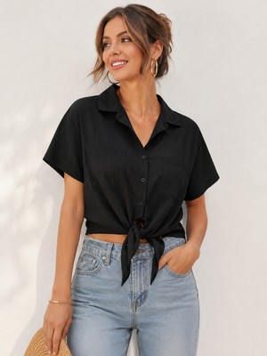 Basics & More Kadın Keten Görünümlü Çift Cepli Kısa Kollu Oversize Gömlek