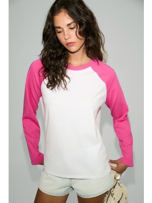 Ethiquet Elarıah Kadın %100 Organik Pamuklu Kontrast Kol Renkli Oversıze Uzun Kollu Pembe T-Shirt