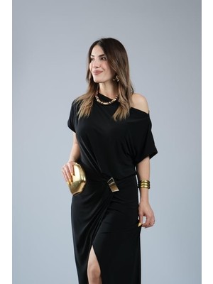 Guzu & Çarşı Kadın Kısa Kollu Tek Omuzdan Açık Beli Lastikli Sandy Maxi Elbise