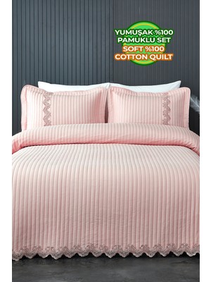 Evien Home Dantelli Kapitone Yatak Örtüsü Çift Kişilik %100 Pamuk Elyaf Dolgulu Yumuşak Pudra 240 x 250 cm