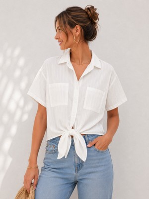 Basics & More Kadın Keten Görünümlü Çift Cepli Kısa Kollu Oversize Gömlek