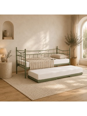 Unimet Daily Yavrulu Karyola Daybed Tek-Çift Kişilik Metal Karyola Yeşil