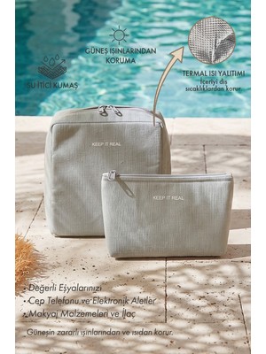 Ocean Home Textile 2'li Termal Astarlı Su Itici Leke Tutmaz Gri Renk Jüt Keten Makyaj Çantası Seti 19 x 13 x 7 / 20 x 21 x 11 cm