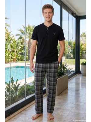 Remsa Erkek Kısa Kol Uzun Alt Süprem Penye Pijama Takımı 4378 SIYAH04