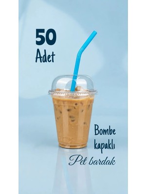 350 cc Kapaklı Pipetli Sert Plastik Bardak Pet Bardak Limonata Soğuk Içecek Milkshake Bardağı 50LI