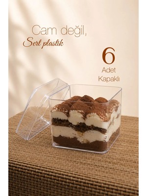 6'lı Kare Tiramisu Cup 280 cc Mika Kase Plastik Şeffaf Kapaklı Sunum Kabı Tatlı & Meze ve Salata Kap