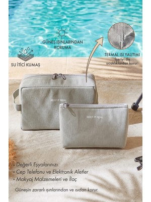 Ocean Home Textile 2'li Termal Astarlı Su Itici Leke Tutmaz Gri Renk Jüt Keten Makyaj Çantası Seti 19 x 13 x 7 / 25 x 15 x 12.5 cm