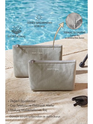Ocean Home Textile 2'li Termal Astarlı Su Itici Leke Tutmaz Gri Renk Jüt Keten Makyaj Çantası Seti 19 x 13 x 7 / 23 x 16 x 7 cm
