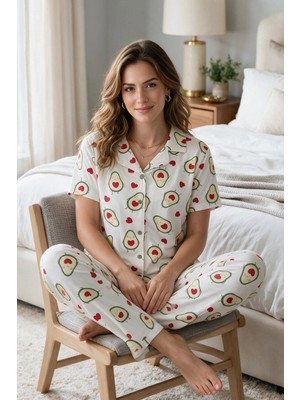 Amora Fancy Clothing Avokado Desenli Kısa Kollu Gömlek Yaka Milan Kumaş Kadın Pijama Takımı