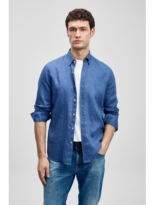Lufian 111010654 Pitaya Erkek Keten Gömlek Saks Renk Comfort Fit Günlük Stil Normal Kalıp