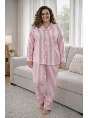 Bravie Süet Gömlek Yumuşak Dokulu Büyük Beden Pijama Takımı 7210 Pembe Çizgili