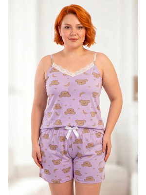 Bravie Sevimli Köpek Desenli Yakası Dantelli Büyük Beden Yazlık Pijama Takımı Mor