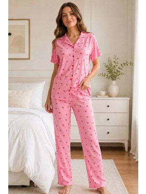 Amora Fancy Clothing Pembe Kiraz Desenli Kısa Kollu Gömlek Yaka Milan Kumaş Kadın Pijama Takımı